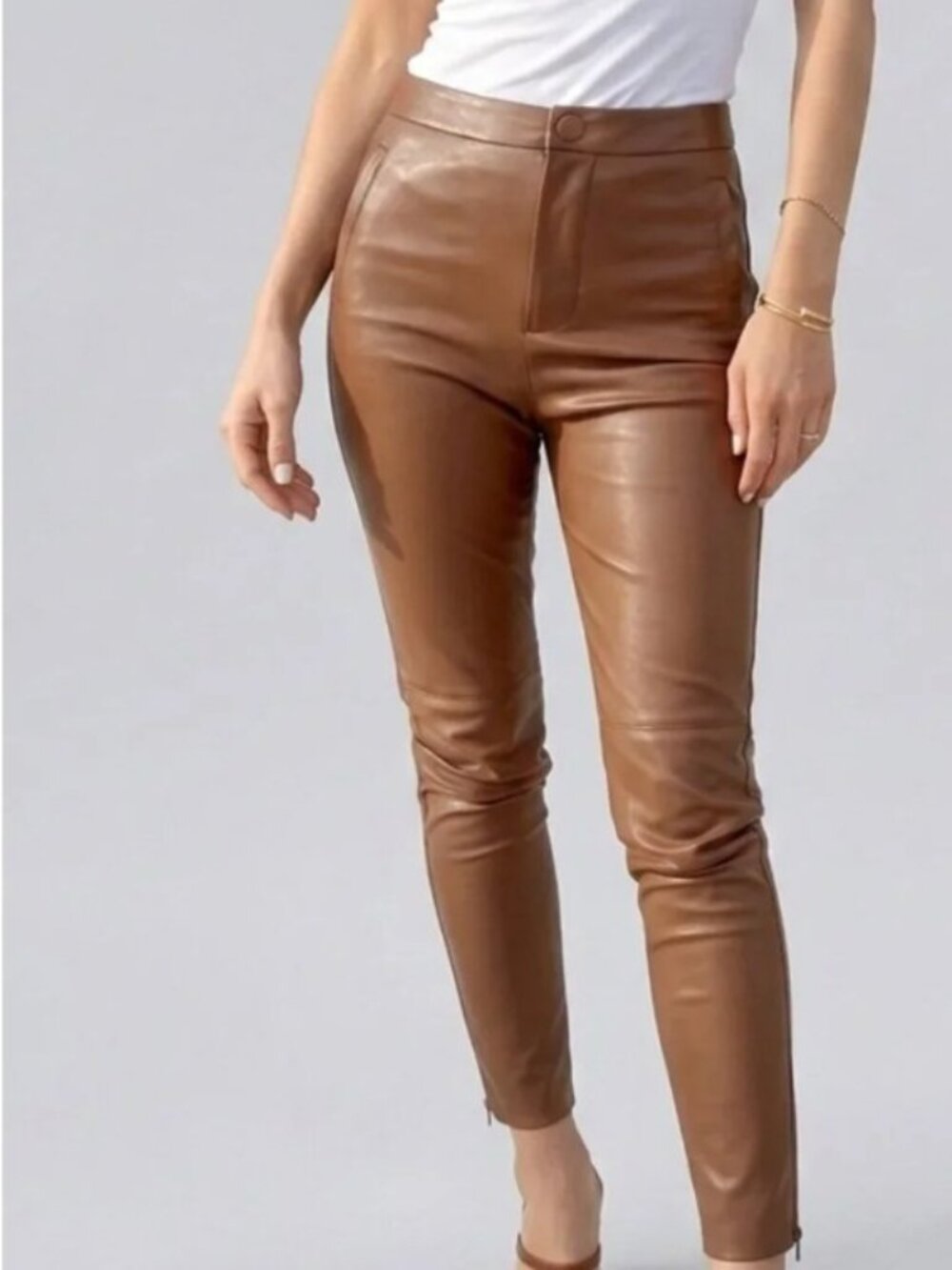 Zara Brown Faux Leather High Rise Skinny Ankle Zip Pants S 26
